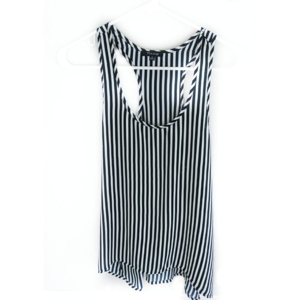 Vertical striped blue and white top high low hem
